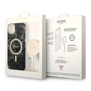 Zestaw Guess GUBPP14SHMEACSK Case Charger iPhone 14 6,1" czarny/black hard case Marble MagSafe