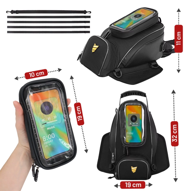 Motorcycle Bag with Detachable Phone Case, Waterproof Motorcycle Bag with Compartments and Tank Mount, Spacious and Durable, MotoRider™ – Black