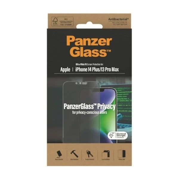 PanzerGlass Ultra-Wide Fit pro iPhone 14 Plus / 13 Pro Max 6,7" Ochrana soukromí Antibakteriální P2773