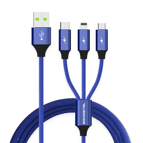 3v1 USB-C micro USB Lightning kabel rychlé nabíjení SOMOSTEL SMS-BW03 QC3.0 Quick Charge 2.1A 10W 1.2 m Powerline Blue