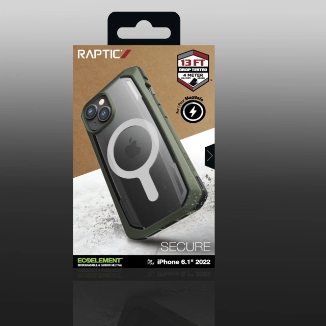Raptic Secure Case iPhone 14 mit gepanzerter MagSafe-Hülle grün