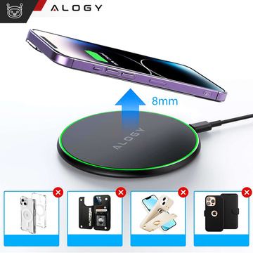 QI bezdrátová indukční nabíječka 20W rychlá LED Alogy kulatý silný USB-C kabel Černý