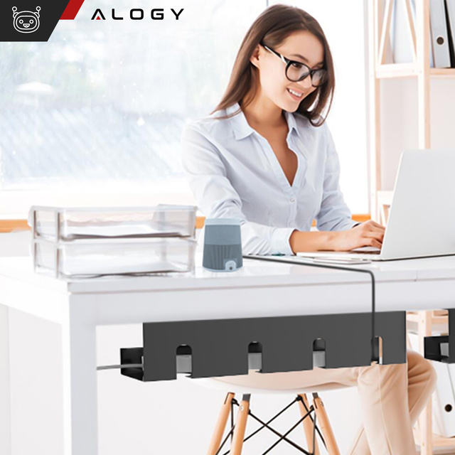 Кабельний органайзер під стільницю, полиця для кабелів, кабельні планки, настільна парта, алюмінієвий тримач Alogy 40см Чорний
