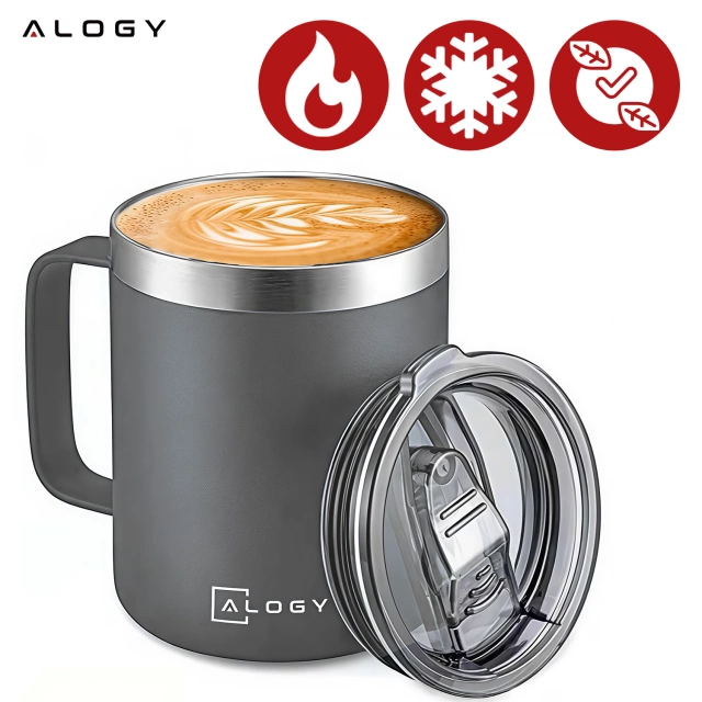 Thermobecher 420 ml mit Henkel und Deckel für Kaffee, Tee, Stahl, Kalt- und Heißgetränke Alogy Grey