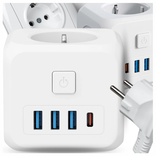 Sieťový rozbočovač rozbočovač Nabíjací adaptér zlodej 3 zásuvky EU 3x USB USB-C C 7v1 Alogy Biela