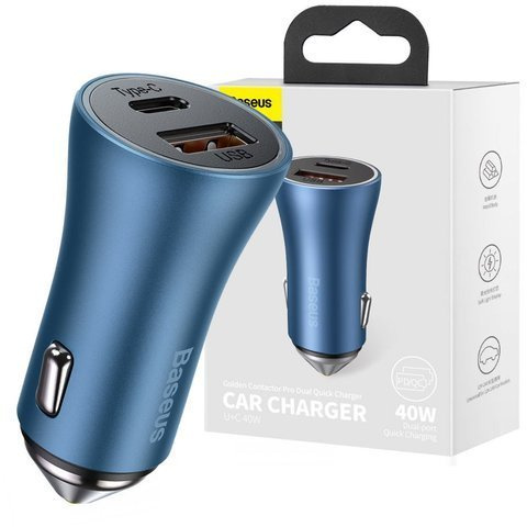 Ładowarka samochodowa Baseus USB+ USB-C QC3.0 PD 40W Blue
