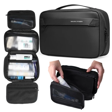 Mark Ryden Men's and Women's Travel Toiletry Bag, 3.9L Capacity, 4 Compartments with Hook, YKK Zipper, PU Oxford Material - Black