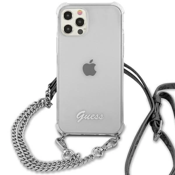 Guess GUHCP12MKC4GSSI iPhone 12/12 Pro 6,1" priehľadné pevné puzdro 4G strieborná retiazka