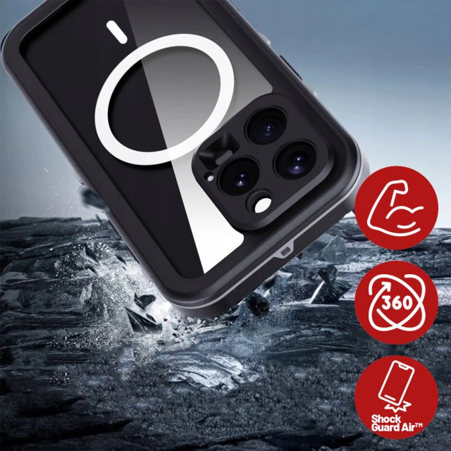 Etui Wodoodporne do Apple iPhone 15 Pro, Pancerna Obudowa 360° z Przezroczystym Tyłem, Kompatybilna z MagSafe, HydroArmor™ IP68 Case – Czarne
