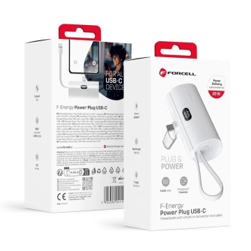 Зовнішній акумулятор FORCELL F-ENERGY Power Plug F5K3 із вбудованим роз'ємом Type-C PD 20 Вт 5000 мАг білого кольору