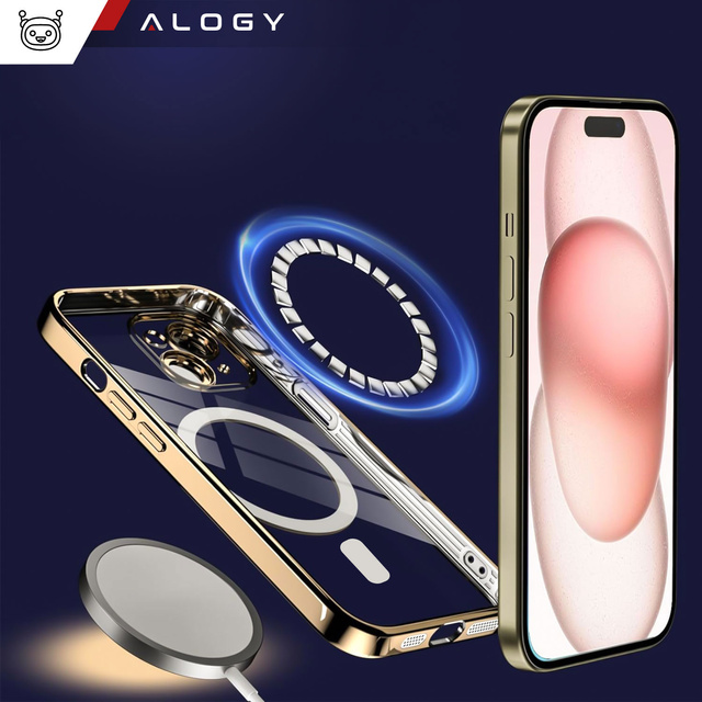 MagSafe Case pro iPhone 15 Plus Glamour Luxury Cover Slim Ring Alogy Gold Transparent Glass