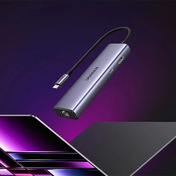 HUB 6v1 Ugreen CM512 USB-C HDMI RJ45 3xUSB-A PD 100W šedý