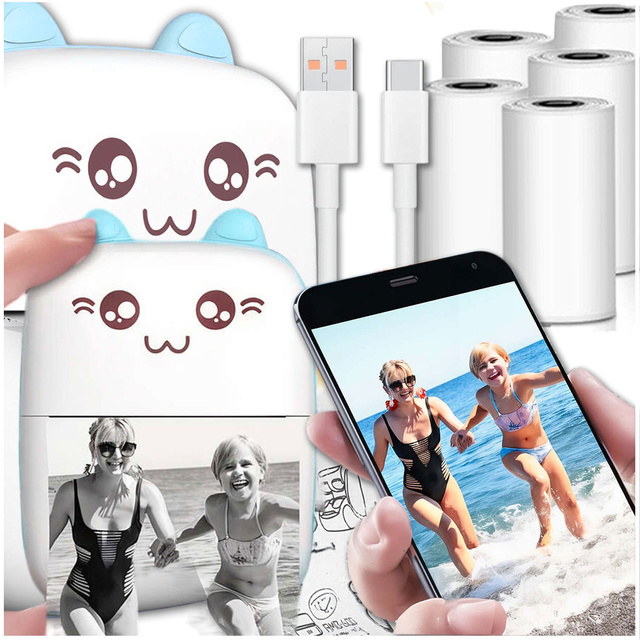 Drukuś Thermal Printer with 6 Rolls of Thermal Paper for Kids Blue