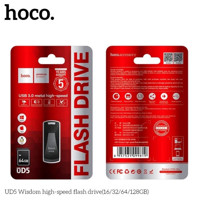HOCO USB flash disk UD5 64GB USB 3.0 kovový, rychlý přenos dat, odolný
