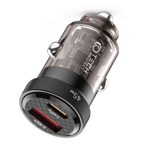 CC45W USB Автомобільний зарядний пристрій USB-C Type C 2-портовий автомобільний зарядний пристрій PowerDelivery PD 45 Вт QuickCharge QC 3.0 чорний