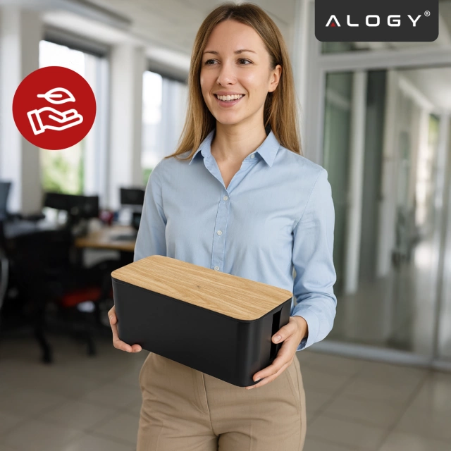 Organizer Pojemnik na Kable i Listwy, Pudełko Biurkowe i Podłogowe Rozmiar L, Estetyczne Wykończenie Drewno, Alogy CableBox™ – Czarny