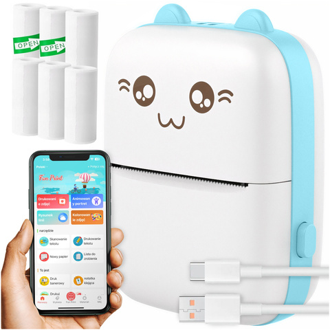 Drukuś Thermal Printer with 6 Rolls of Thermal Paper for Kids Blue