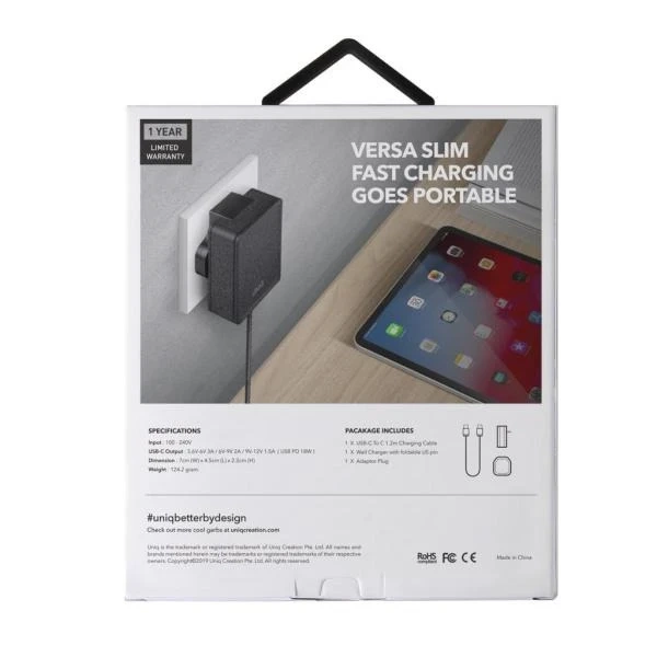 Унікальний настінний зарядний пристрій Versa Slim USB-C PD 18 Вт, кабель USB-C – USB-C чорний/вугільно-чорний (LITHOS Collective)