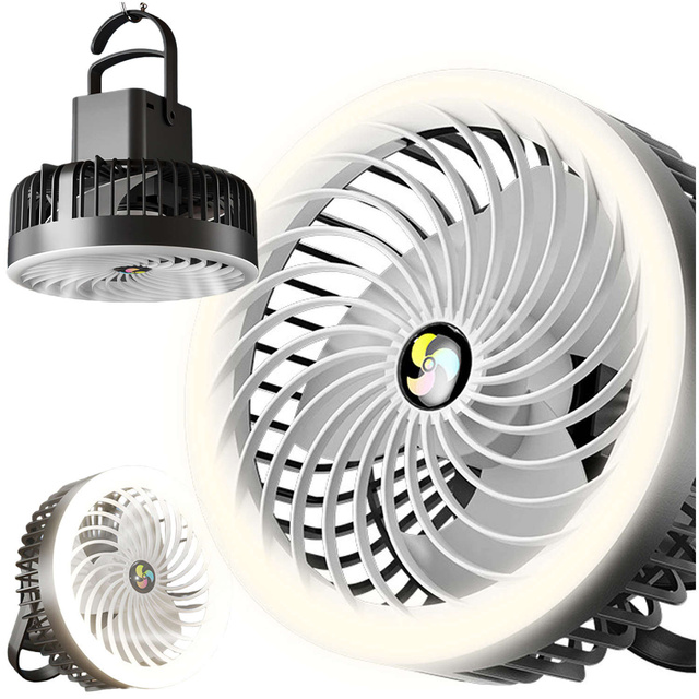 Ventilátor Stolní ventilátor s LED světlem 2v1 Alogy přenosný závěsný stojící bezdrátový závěsný venkovní mini ventilátor s háčkem držák černý