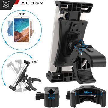 Tablet phone holder 4.7"-12.9" for a bar, tripod, handlebar for a trainer, stationary bike, treadmill, headrest stand Alogy black
