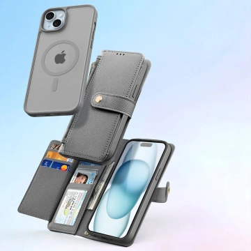 iPhone 15 Dux Ducis Lawa Leather Wallet Case MagSafe Gray