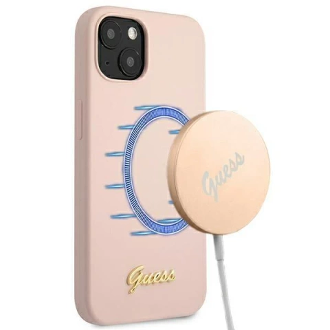 Guess GUHMP13MLSLMGLP iPhone 13 6,1" jasný/svetloružový pevný obal Silicone Script Gold Logo Magsafe