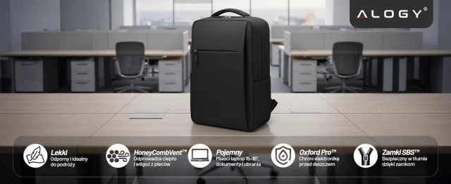 Ruksak Alogy UrbanPack Pro™ pre notebooky 15-16" – vodotesný, nárazuvzdorný, s vreckom na fľašu a popruhom na batožinu – čierny