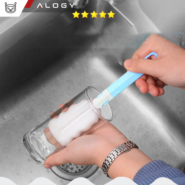 Щітка для миття пляшок, банок і склянок Sponge Cleaner Washer зі складною ручкою Alogy blue and white