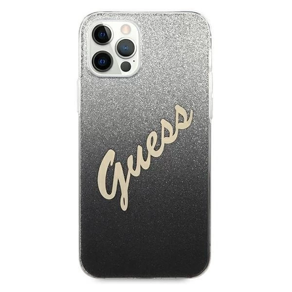 Guess GUHCP12LPCUGLSBK iPhone 12 Pro Max 6,7" čierne/čierne pevné puzdro Glitter Gradient Script