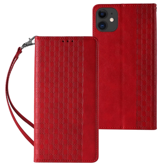 Magnet Strap Case etui do iPhone 12 pokrowiec portfel + mini smycz zawieszka czerwony