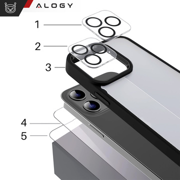 Case for iPhone 14 Pro set of 4 glasses 5in1 armored 360 Alogy Hybrid 2x screen glass 2x lens black-transparent