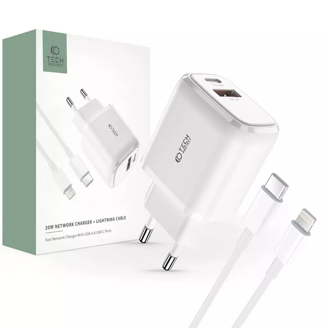 C20W 2-PORTOVÁ SÍŤOVÁ NABÍJEČKA PD20W/QC3.0 LIGHTNING KABEL BÍLÝ