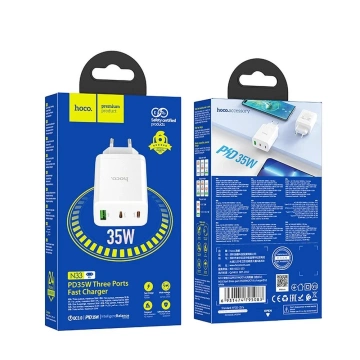 HOCO 2 x USB typ C USB A PD QC3.0 3A 35W nástenná nabíjačka biela