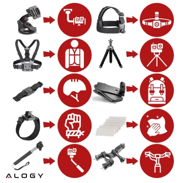 Zestaw Akcesoriów do GoPro Hero 13 12 11 10 9 8 7 6 kamerki sportowej zestaw mocowań Alogy ActionKit™ XXL 58w1 z Etui pokrowcem Walizką