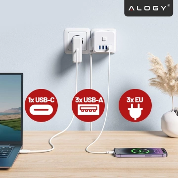Мережевий розгалужувач розгалужувач Charger adapter thief 3 розетки EU 3x USB USB-C C 7in1 Alogy White