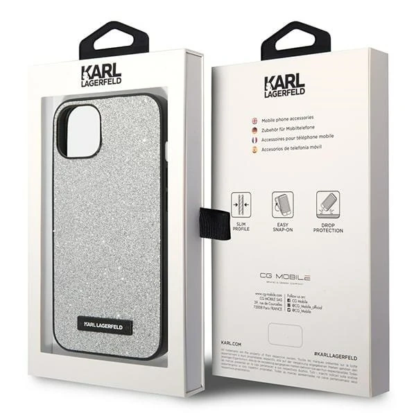 Karl Lagerfeld KLHCP14MG2ELS protective phone case for Apple iPhone 14 Plus 6.7" hardcase silver/silver Glitter Plaque Logo