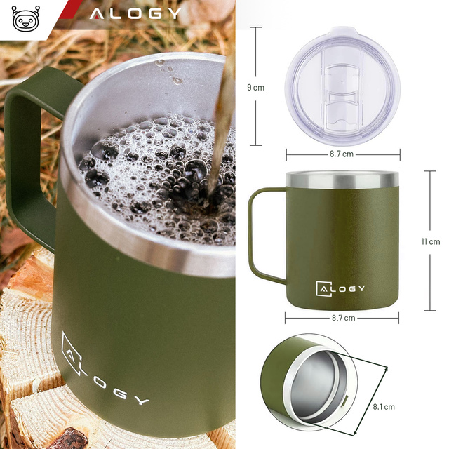 Thermal mug 420ml with handle lid for coffee, tea, steel, cold and hot drinks Alogy Green Washing brush