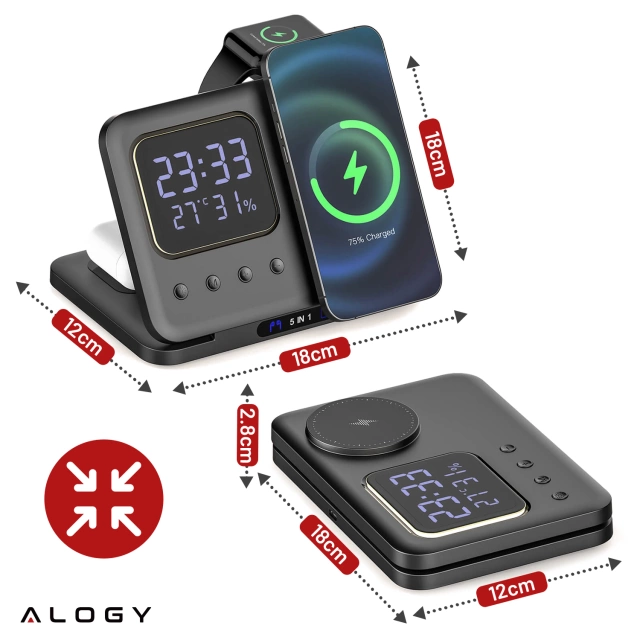 BEZDRÔTOVÁ RÝCHLONABÍJACIA STANICA 5 v 1 LED HODINY 15W USB-C do MagSafe pre Apple iPhone, hodinky AirPods s hodinami a vlhkomerom Čierna