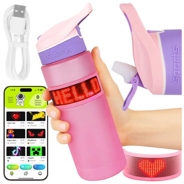 Розумна пляшка для напоїв Alogy FitBottle™ 800 мл зі світлодіодним дисплеєм та Bluetooth-з'єднанням, трубочка, мотивуюча, багаторазова - рожева