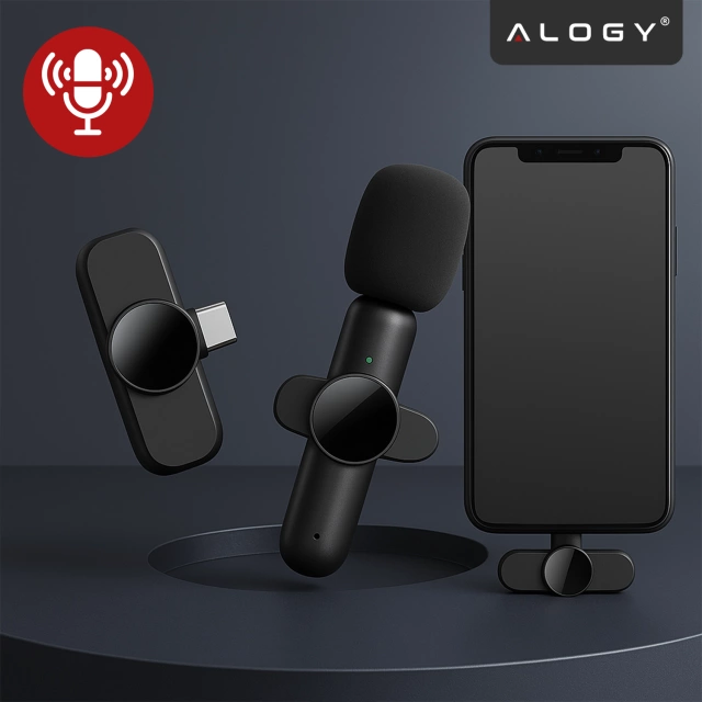 Mikrofon Bezprzewodowy 2x Zestaw - USB-C, redukcja szumu, lekka konstrukcja, zasięg do 20 metrów - 2x Mikrofon Krawatowy z Futerkową Osłoną, Odbiornik do telefonu - Alogy DualVoice™ Czarny