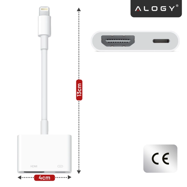 Przejściówka Lightning do HDMI i Lightning – adapter Full HD 60 Hz, łatwe podłączenie iPhone / iPad do TV lub projektora, Plug & Play – Alogy LightningHD™ Biały