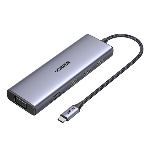 Адаптер Ugreen CM498 USB-C HDMI VGA RJ45 USB-A SD PD 100W Hub 9-в-1 сірий