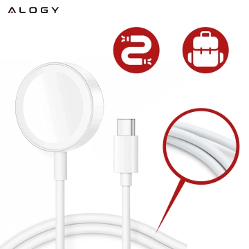 Kabel ładowarka indukcyjna Qi do Apple Watch – magnetyczna, złącze USB-C Type-C, szybkie i stabilne ładowanie, długość 1m 100cm, Alogy WatchCharge™ Biała