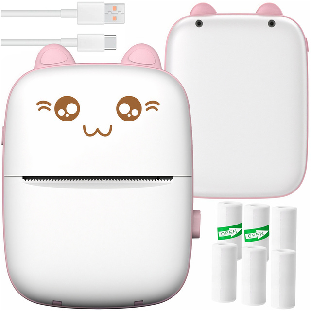 Drukuś Thermal Printer with 6 Rolls of Thermal Paper for Kids Pink