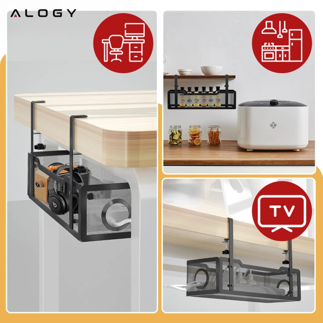 Cable organizer under the table top, cable shelf, wires, strip, metal desk, Alogy 34cm Black