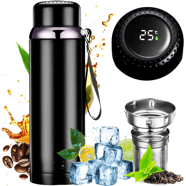 Thermosflasche Thermoflasche 800 ml für Kaffee Tee Yerba Mate LED-Siebschnur Alogy-Display Schwarz