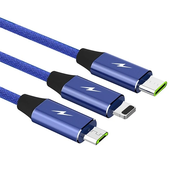 3in1 USB-C micro USB Lightning кабель швидкої зарядки SOMOSTEL SMS-BW03 QC3.0 Quick Charge 2.1A 10W 1.2 m Powerline Blue