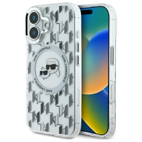 Etui Karl Lagerfeld do iPhone 16 6.1" Przezroczysty MagSafe IML Monogram Karl&Choupette Head