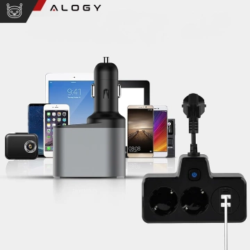 Alogy Plug Extender rozbočovač zásuvek rozbočovač adaptér prodlužovací kabel 2x EU zástrčka 2x USB 2x USB-C Černá