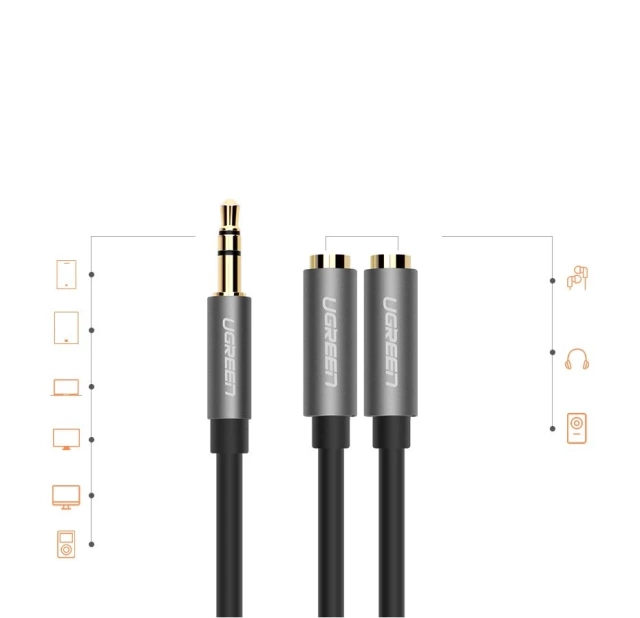 UGREEN kábel rozdeľovací kábel pre slúchadlá 3,5 mm mini jack AUX 20 cm (2 x audio výstup) strieborný (10532)